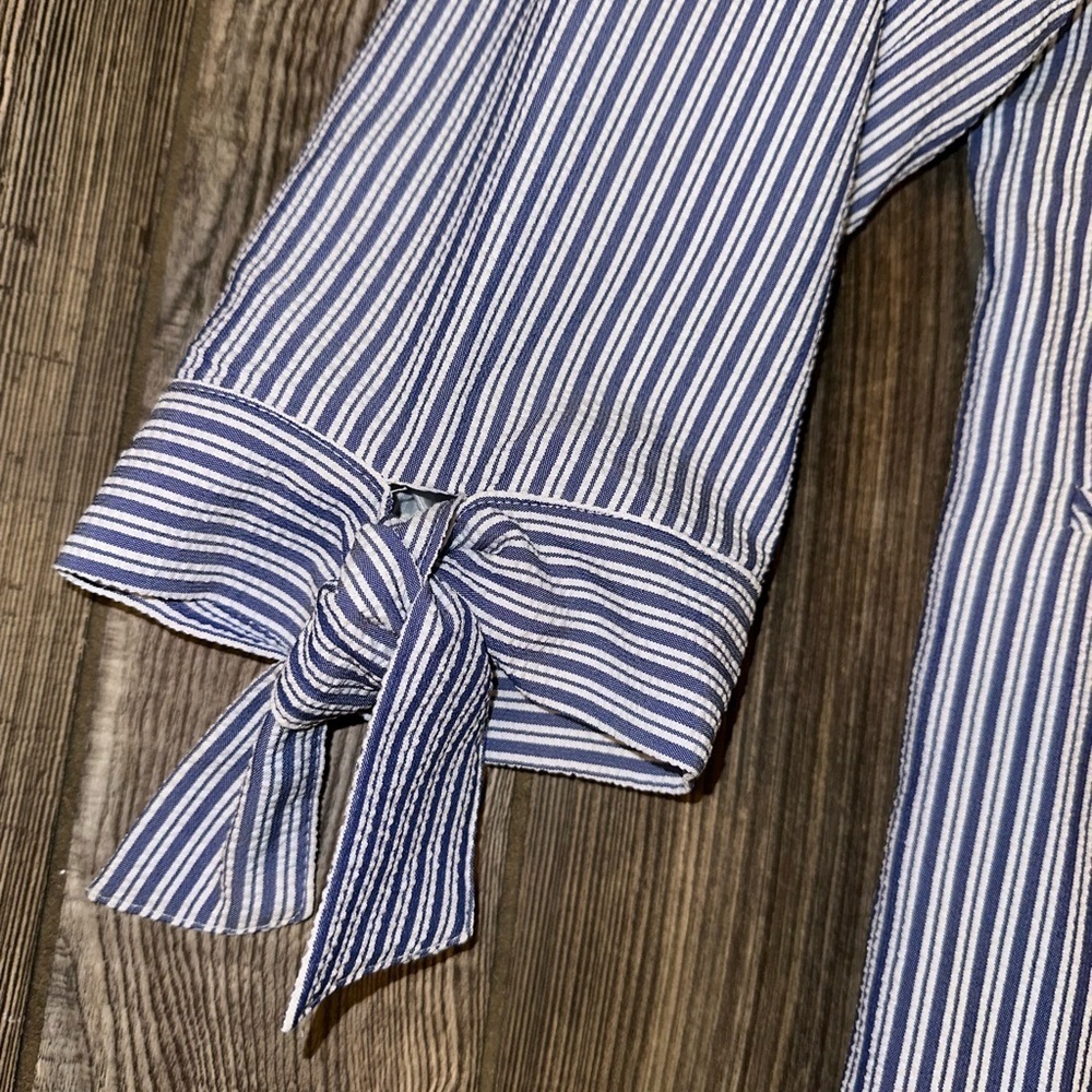 Anne Klein Seersucker Blue and White Striped Blazer Bow Tie Cuff Size Large - Picture 3 of 9